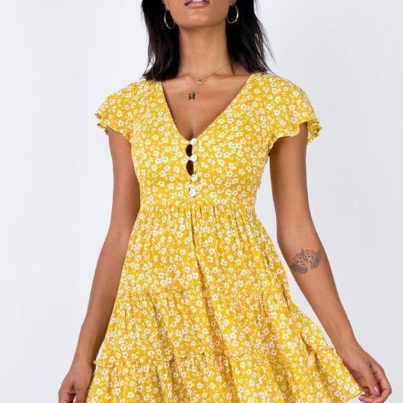 Princess Polly Foster Mini Dress Yellow Floral Womens Size 2 - Picture 1 of 9
